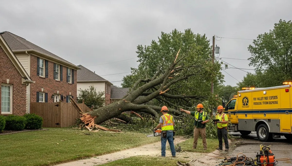 Emergency tree removal crew clearing storm-damaged trees in Naperville, IL after severe weather