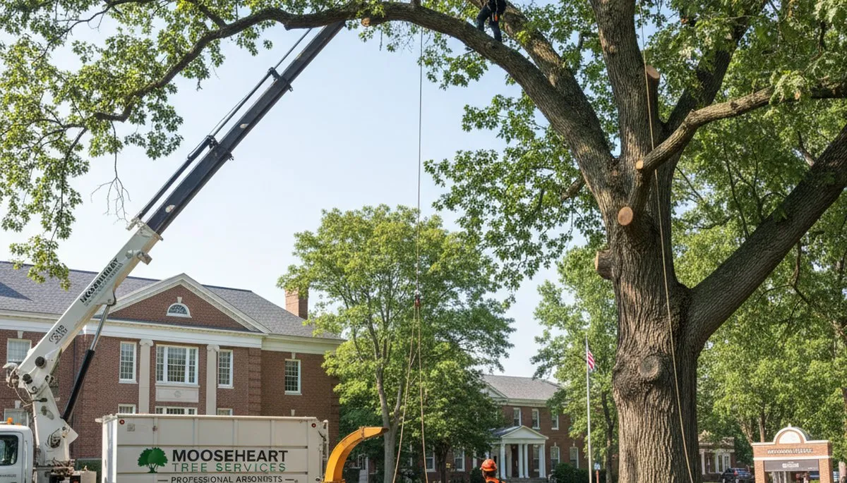 Professional tree removal service in Naperville IL safely cutting large oak tree