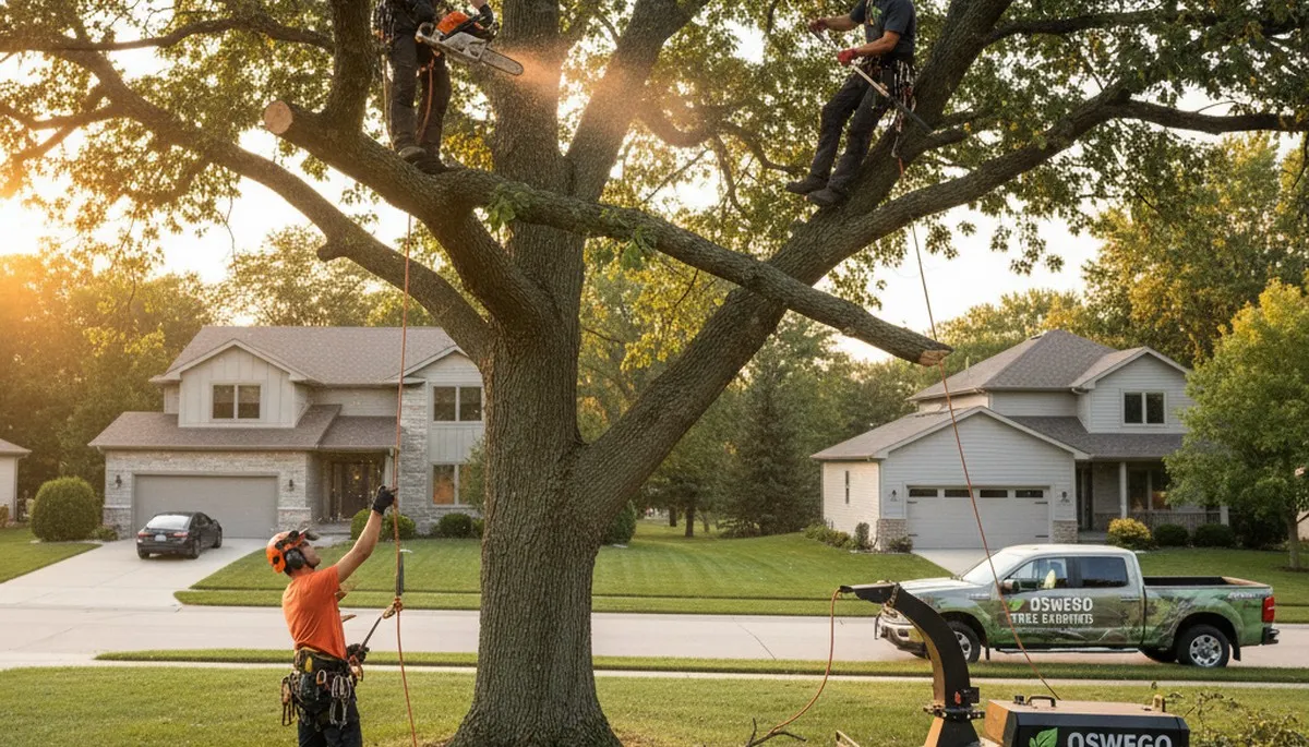 Professional tree removal service in Naperville, IL safely cutting and clearing large oak tree branches