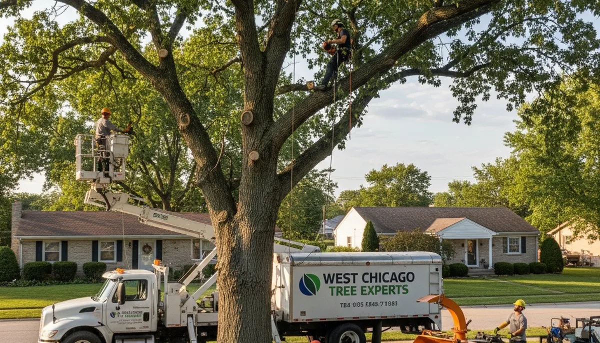 Professional tree removal service in Naperville IL safely clearing large oak tree from residential yard