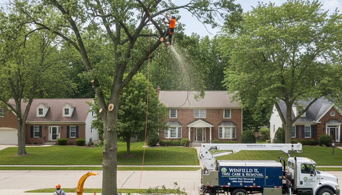 Professional tree removal service in Naperville IL safely cutting and clearing large oak tree